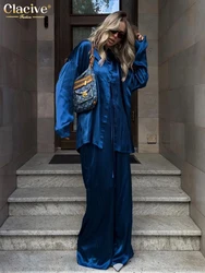 Clacive Fashion Loose Blue Satin 2 Piece Sets Women Outfit 2024 Elegant Long Sleeve Shirt With High Waist Wide Pants Set Female