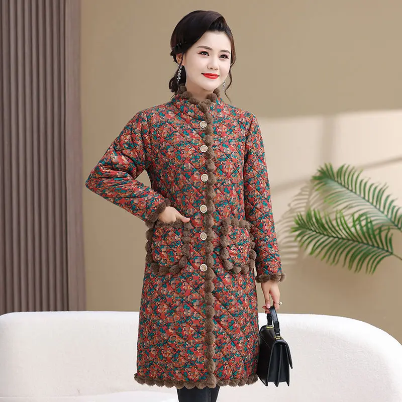 

Mom's New Autumn Winter Collection with Plush Thick Long Oversized Loose Middle-aged Elderly Cotton Warm Floral Cotton Jacket