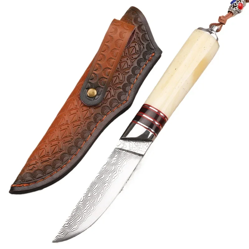 

Handmade Damascus Steel Fixed Blade Hunting Knife Cow Bone Handle Mirror Surface Outdoor Survival Tool Knifes With Leather Case