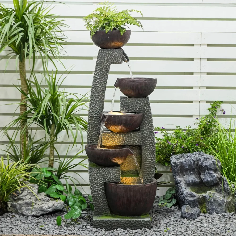 

H Water Fountain Outdoor with LED Lights & Pump, 5-Tier Cascading Outdoor Fountain for Garden, Patio, Porch, Backyard, Home Art