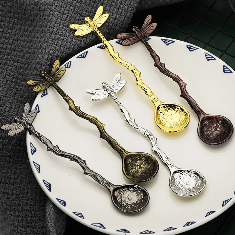 

Gothic Style Coffee Spoon Tabletop Decor Retro Metal Tableware Dragonfly Branches Leaves Shape Cutlery Cake Dessert Spoon