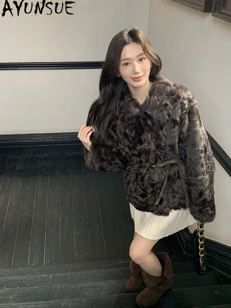 AYUNSUE 2025 신상 양면 시어링 재킷 여성 숏 럭셔리 천연 양털 재킷 여성 의류 겨울 여성복