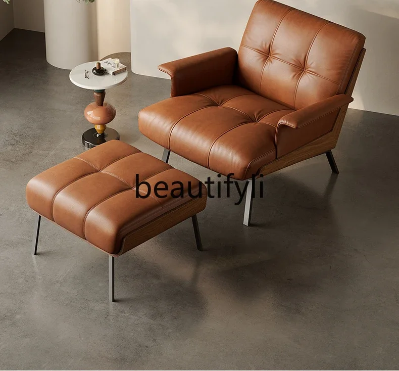 

Oil wax leather armchair single sofa lazy recliner light luxury modern simple solid wood