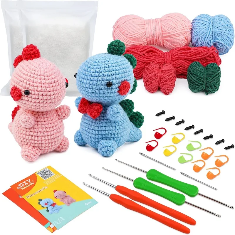 LMDZ Non-finished Dinosaur DIY Animal Beginners Crochet Kit for Adults and Kids with Crochet Accessories and Instructions