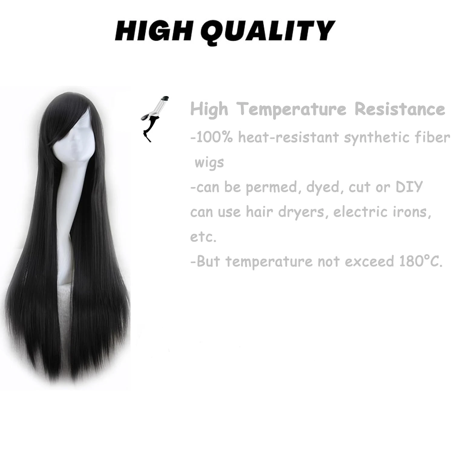 Inuyasha Sango Cosplay Long Black Wig with Bangs Straight Black Wig Cosplay Costumes for Women Anime Synthetic Wigs Girl Party