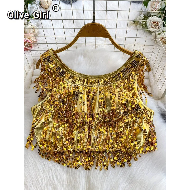 Olivegirl Original Sequin Tassel Tank Top European American High-end Women's Stage Performance Outfit Party Dance Top Spring