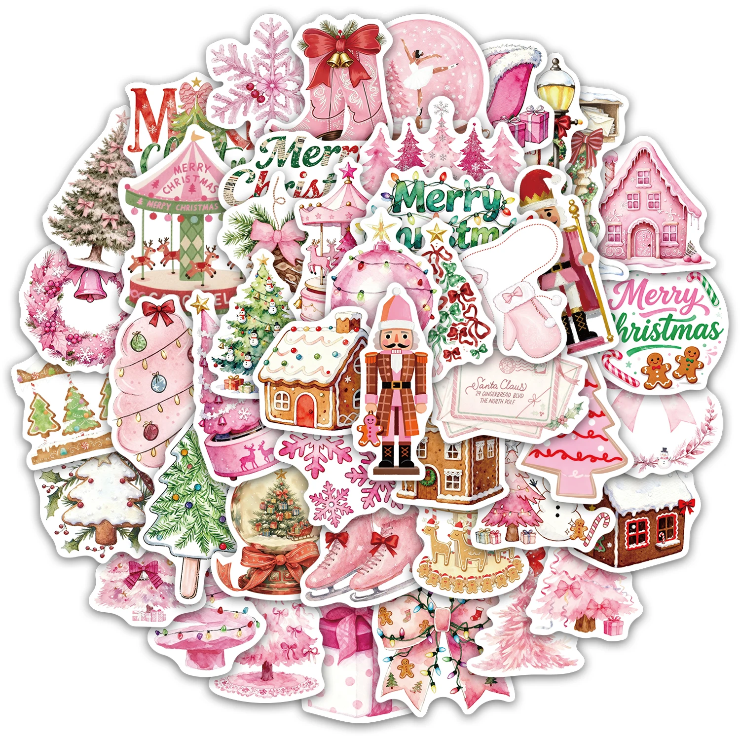 สติกเกอร์คริสต์มาสสีชมพู 50 ชิ้น สำหรับตกแต่งเคสมือถือ แล็ปท็อป กระติกน้ำร้อน ของเล่น