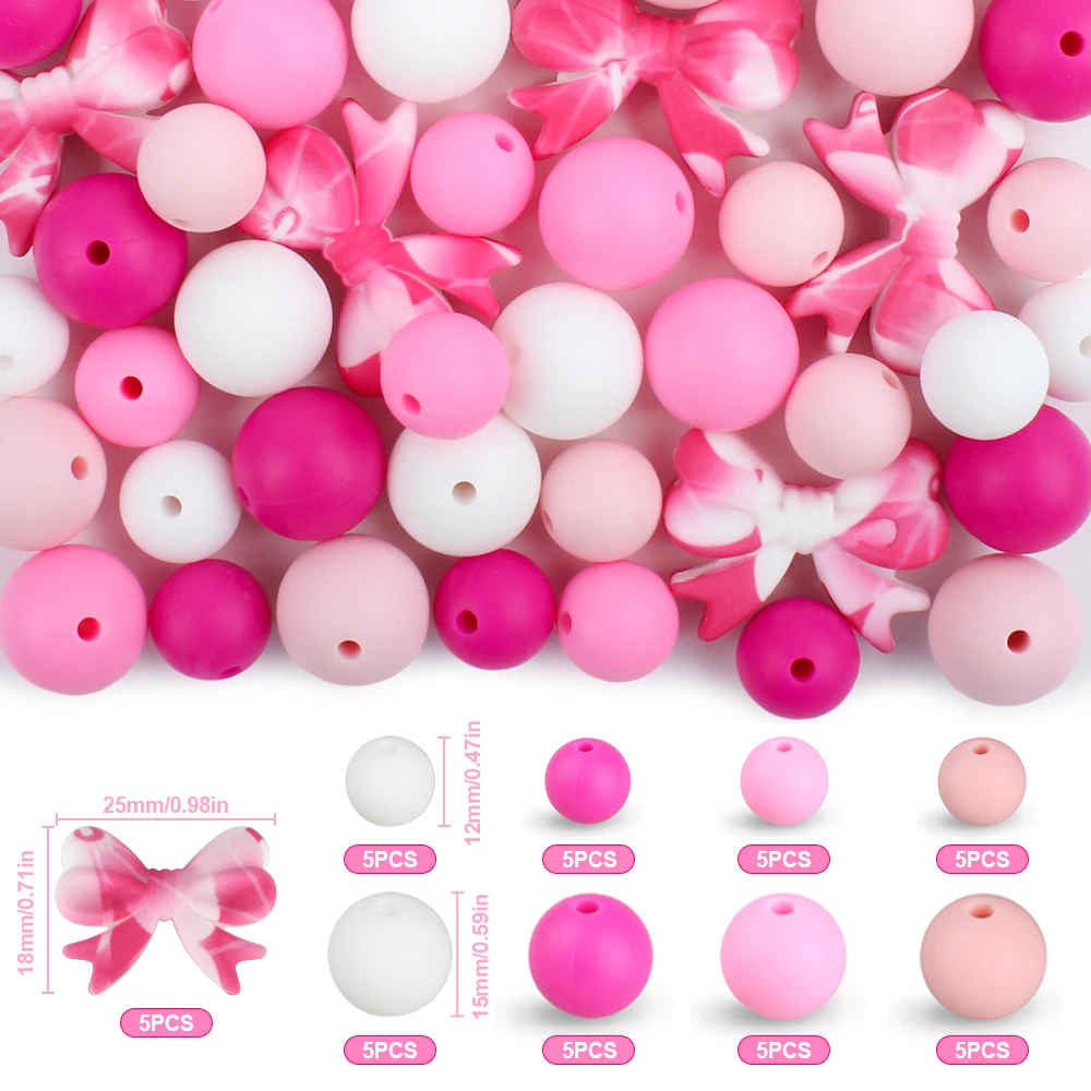 

45pcs/set Silicone Beads Printed Transfer Bow for DIY Pearl Keychain Necklaces Toys Pendant Ornamental Jewelry Accessories Bulk