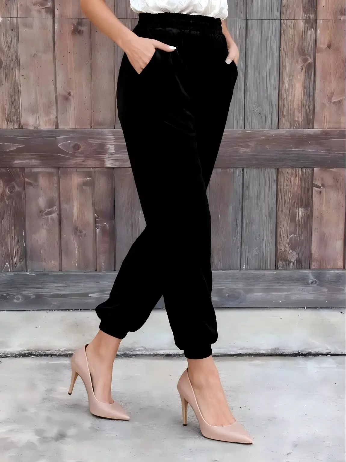 Herbst-Winter Damen Samt-Haremshose mit Elastischem Bund, Lose Freizeithose mit Seitentaschen, Einfarbig Schwarz, Jogger Streetwear – Detail 2