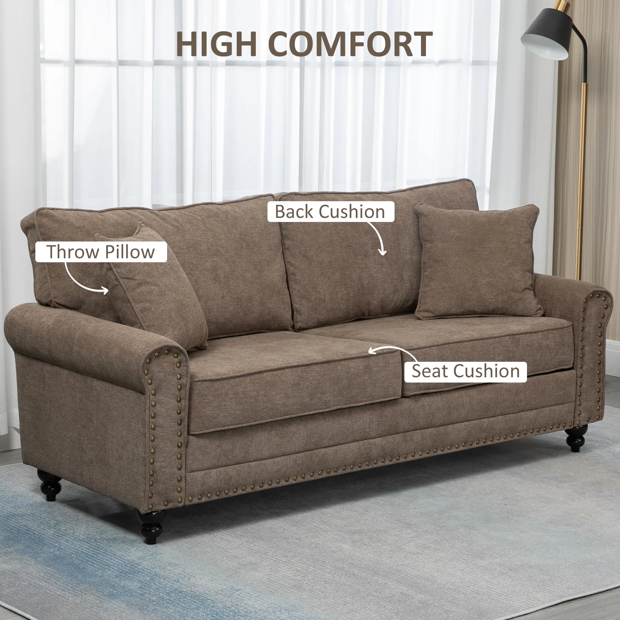HOMCOM Fabric Sofa 3 Seater Sofa for Living Room w/ Throw Pillow
