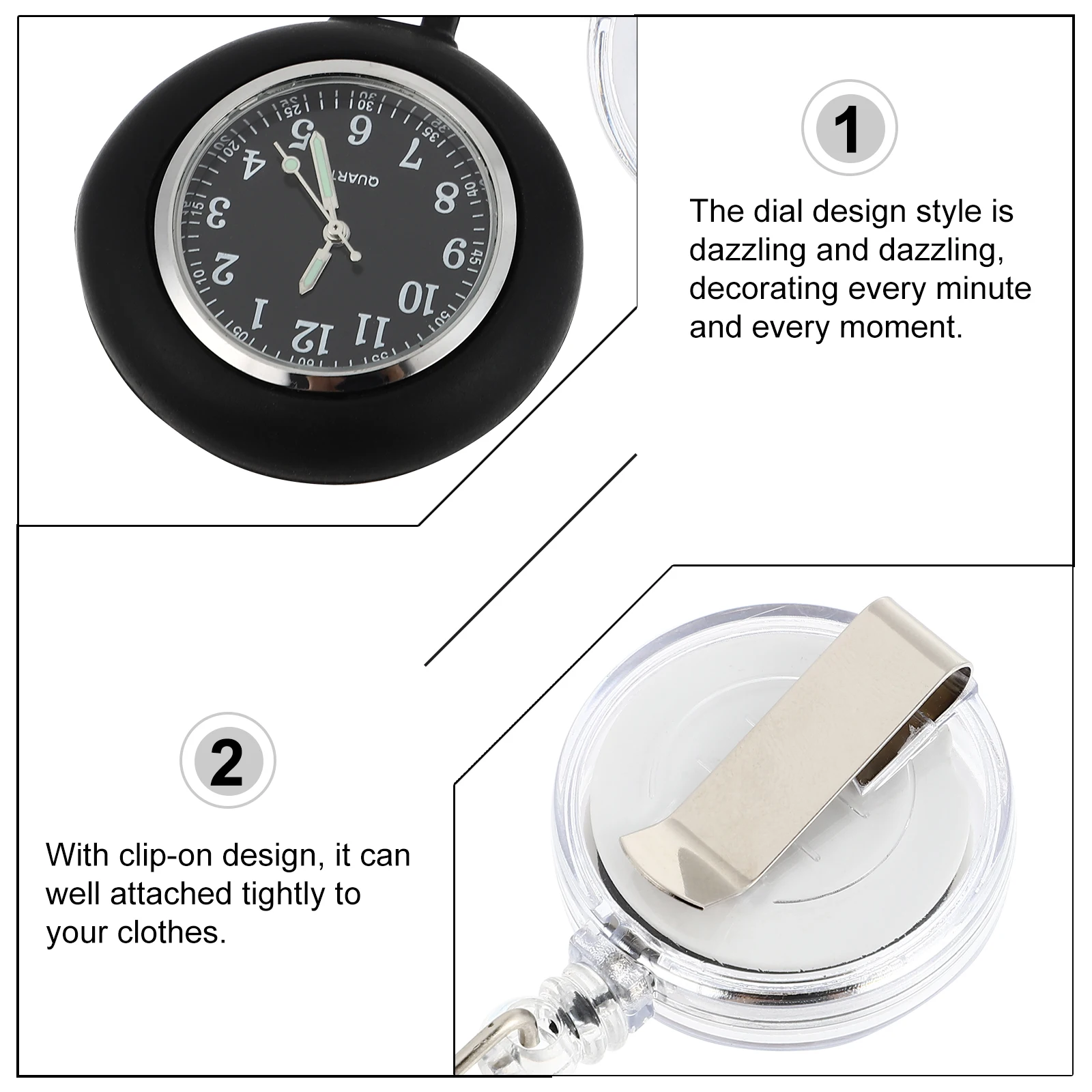 Orologio da tasca sul petto retrattile, specchio in vetro, materiale in lega di quarzo, orologio con motivo floreale sospeso