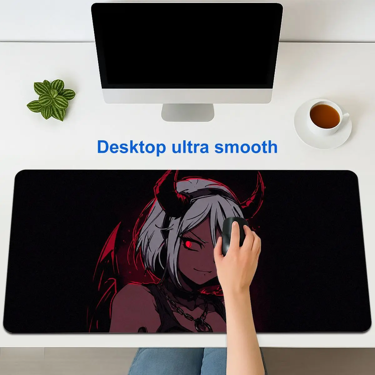 Dark Anime Devil Girl Mouse Pad-Smooth Tracking Surface, Black Red Gothic Cartoon Desktop Writing Pad,Dark Aesthetic Decor