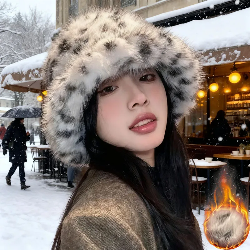 Mode Faux Fuchs Pelz Leopard Print Eimer Hut Verdickt Warme Winter Ohrenklappe Hut für Frauen Leopard Print Eimer Hüte