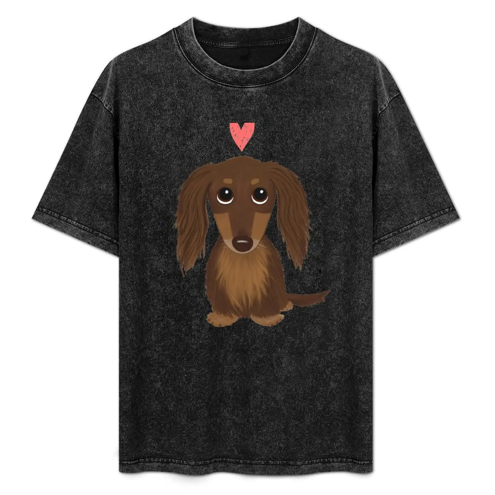 Cute Dog Longhaired Chocolate Dachshund Wiener Dog with Heart T-Shirt man t shirt kawaii clothes mens vintage t shirts