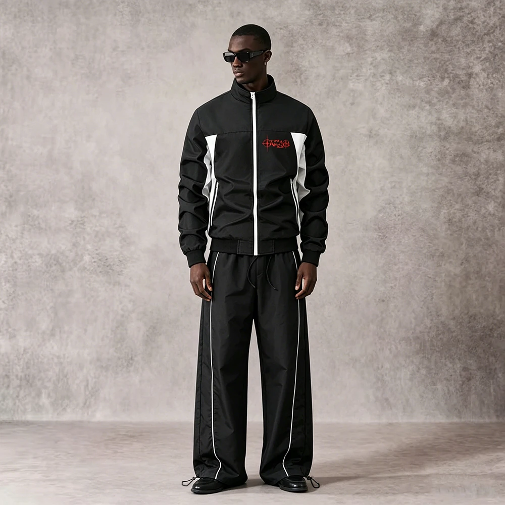 

Men's Casual Color Block Track Suit Stand Collar Zip Jacket Gothic Spiky Letter Print Striped Drawstring Sweatpants 2 Pieces