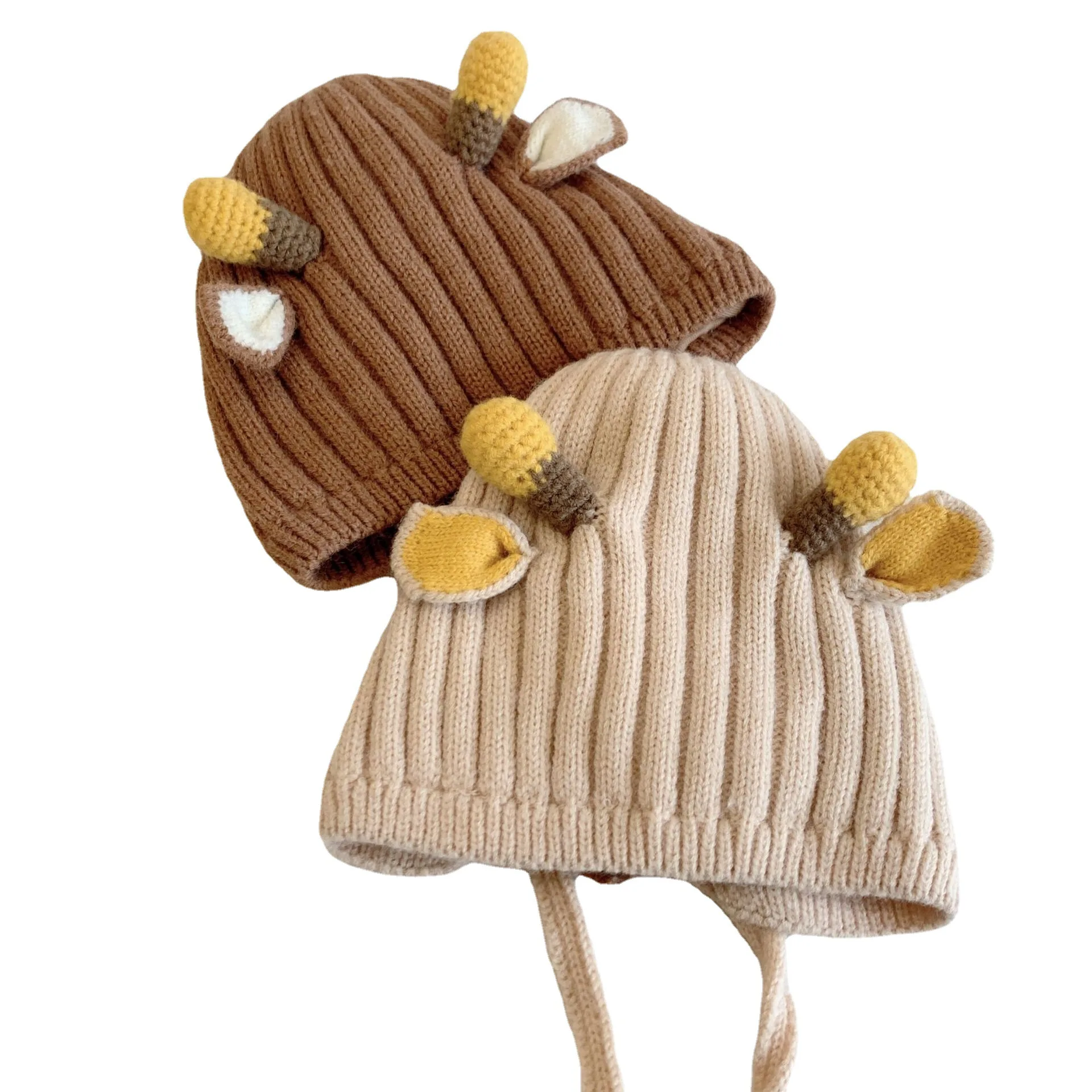 Cute Baby Autumn Winter Thick Warm Hats Knit Deer Ears Caps for Newborn Infant Beanies with Windproof Rope 6-24months