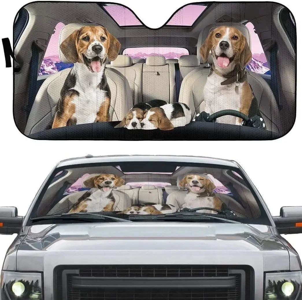 Beagle Smiley Dog Family Sleepy Puppy Mountain Scenery Car Sunshade, Funny Beagle Family Driving On Mountain Auto Sun Shade, Bea