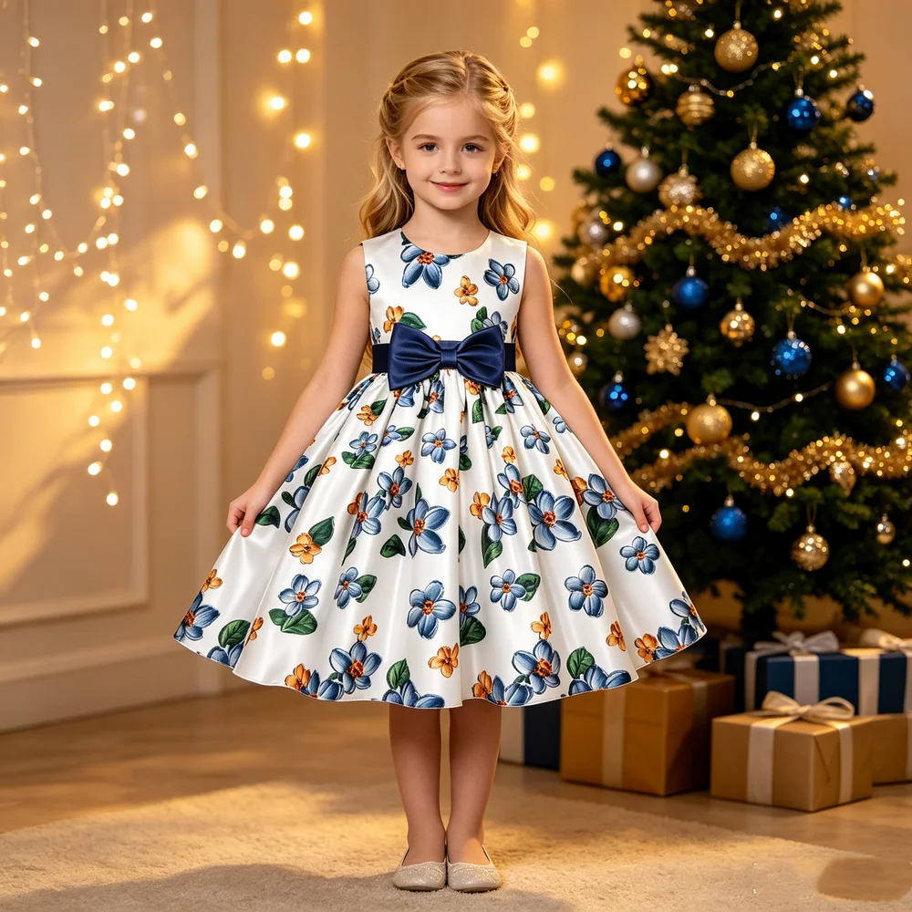 Children's Foreign Trade Children's Clothing Bow Print Foreign-style TuTu Girls Baby Birthday Show Piano Performance Costumes