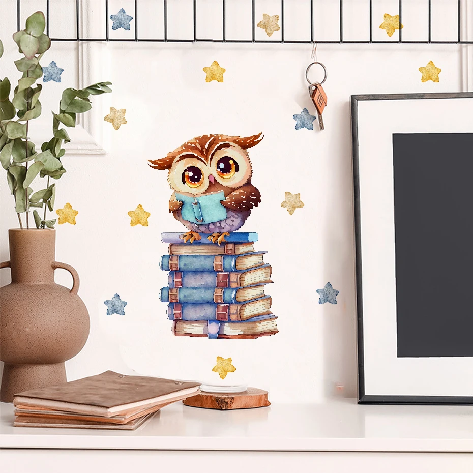 Cute Cartoon Reading Book Owl Wall Sticker Boy Girl Kid Bedroom Study Room Kindergarten Classroom Library Wall Anime Decoration