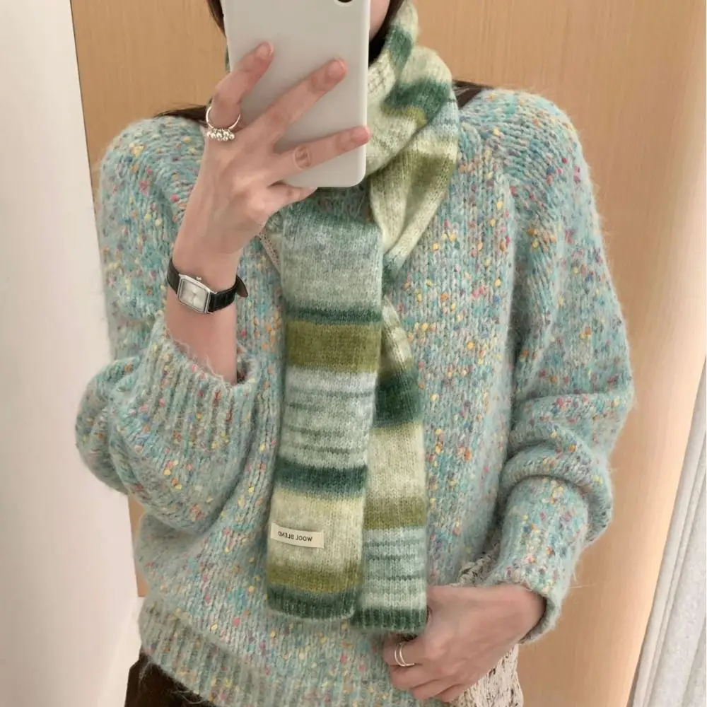 

Soft Korean Style Rainbow Striped Scarf Plush Neck Warmer Cashmere Knitted Scarf Windproof Thickened Winter Shawl Women