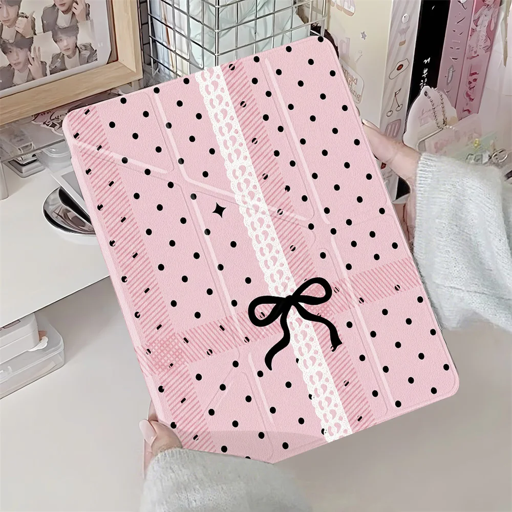 Y‑shape Tri‑Fold Tablet Protective Cover for Apple iPad Pro 12.9 13 11 Air 4 5 11 Mini 6 7 8.3 Inch Case Pink Polka Dot Bow Lace