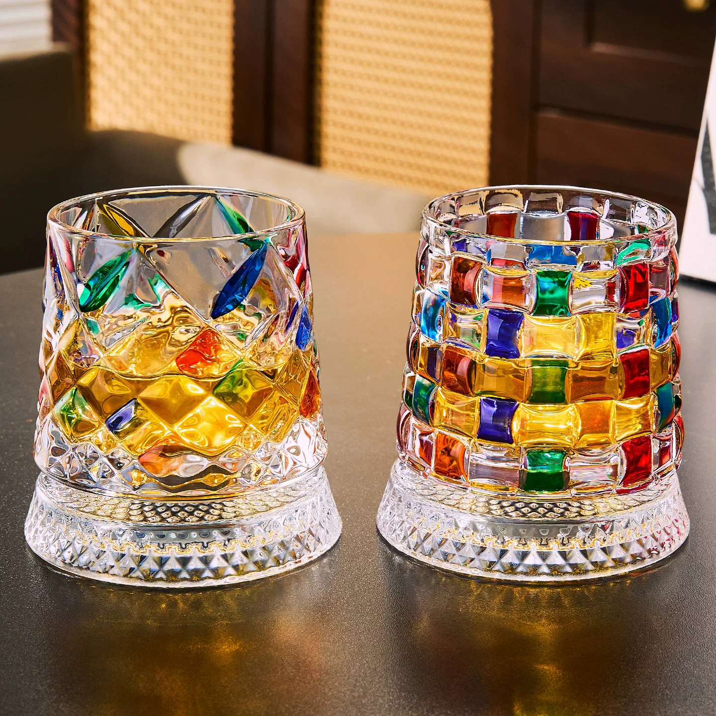 280ML Rotating Whiskey Glass Creative Crystal Premium Beer Cup Str Relief Liquor Cup With Base Straight Drink  Wine Glass