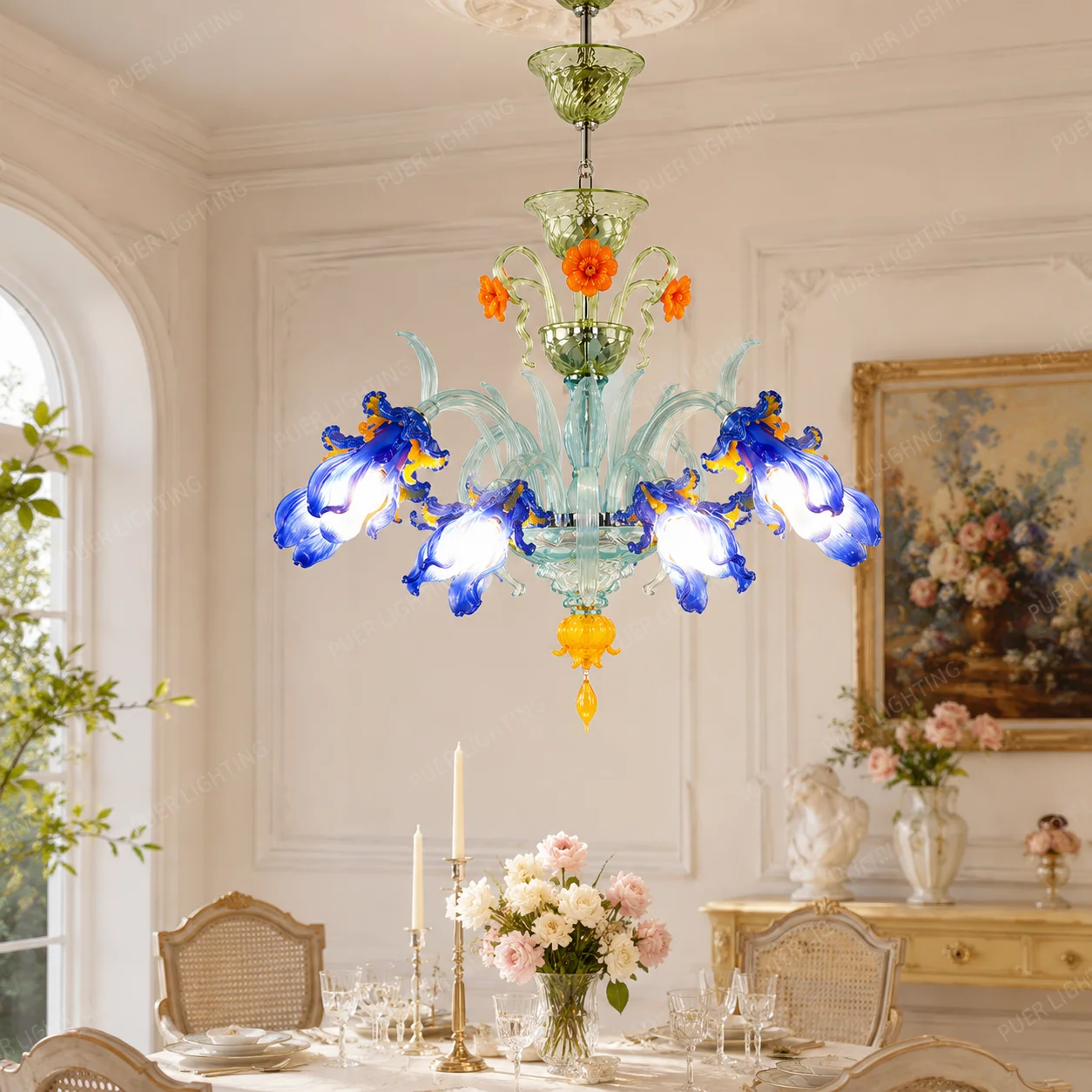 Colorful Iris Glass Chandelier Vintage Hand Blown Pendant Lamp for Villa Duplex Living Room Dining Hall Decor Hanging Light