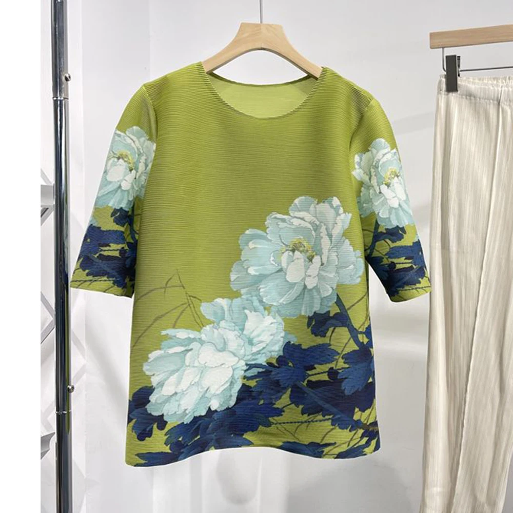 

National style pleated printing, peony blooming, elegant Mori crew neck green top T-shirt large size women's summer home