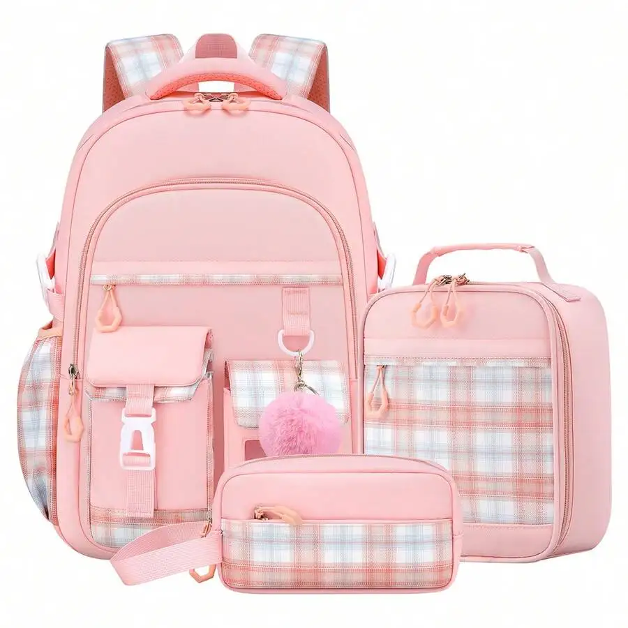 3PCS Plaid School Backpack Lunch Box Bag Pencil Case Set, Cute Backpack For Teenage Girls, 15.6-Inch Computer Laptop Backpack, O