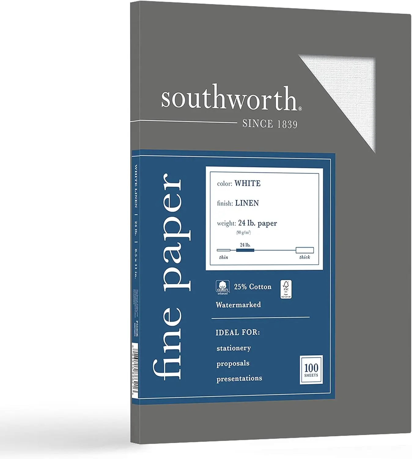 

25% Cotton Linen Business Paper, Letter Size 8.5x11, 24lb, 100 Sheets, White, 94 Brightness for Reports and Proposals