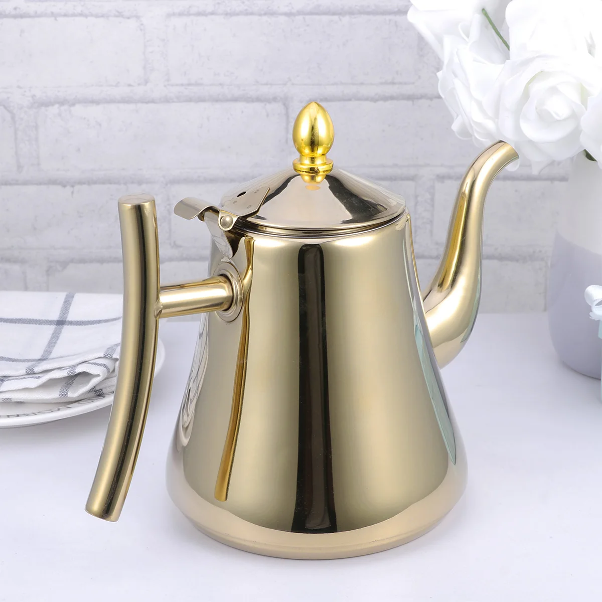 

Stainless Steel Tea Pot 1.5L Coffee Pot With Strainer Glossy Teapot For Home Restaurant Golden Easy Grip Curvy Handle