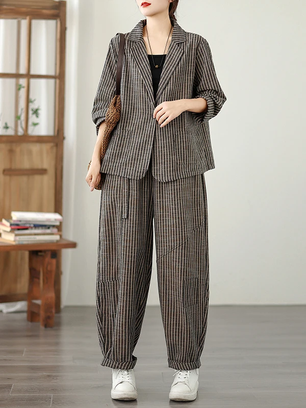 

Модный комплект из хлопка и льна в полоску: молодежный повседневный костюм с длинным рукавом, широкие брюки-харлан, комплект из двух предметов в винтажном стиле