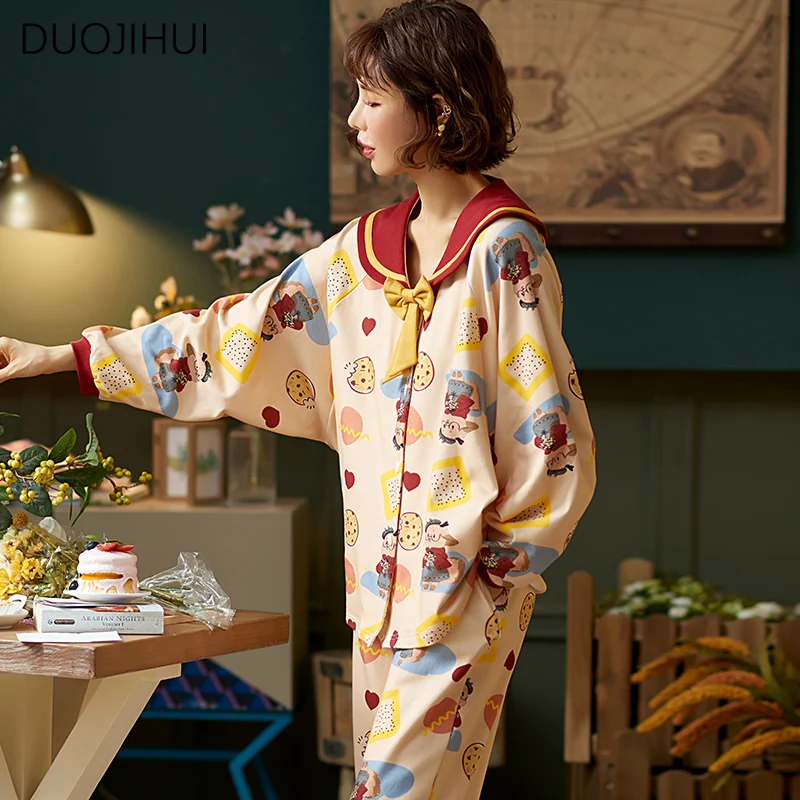 DUOJIHUI Fashion Bow Two Piece Casual Home Pajamas for Women New Sweet Print Cardigan Loose Simple Pant Winter Female Sleepwear