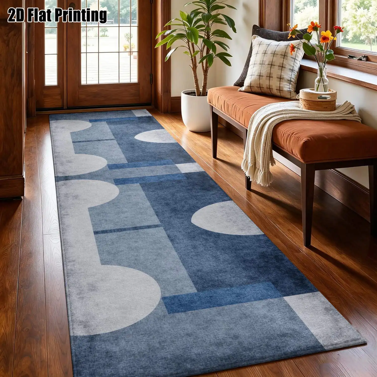 1Pc 2D Printed Strip Runway Carpet: Blue-Grey Geometric Nordic Modern Minimalist Design, Instagram-Inspired, Machine Washable, Multi-Size, Ideal for Entrance, Corridor, Living Room, Bedroom Home Decor