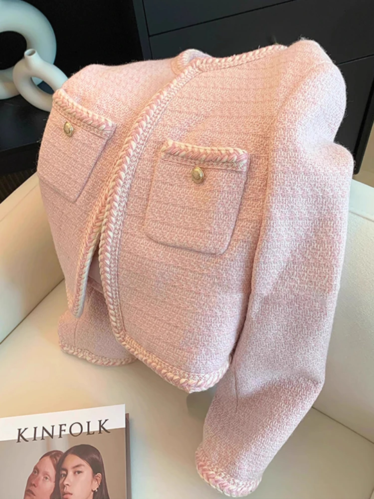 Pink Sweet Tweed Jacket Women Korean Fashion O-Neck Short Outerwear Autumn and Winter New Single Breasted Elegant Cropped Coat