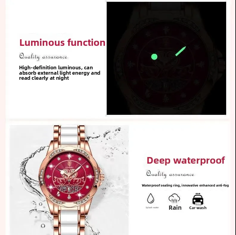 Women Rose Gold Two-Tone Quartz Watch, Sparkling Red Diamond Dial Stainless Steel Band Luminous Waterproof Wristwatch