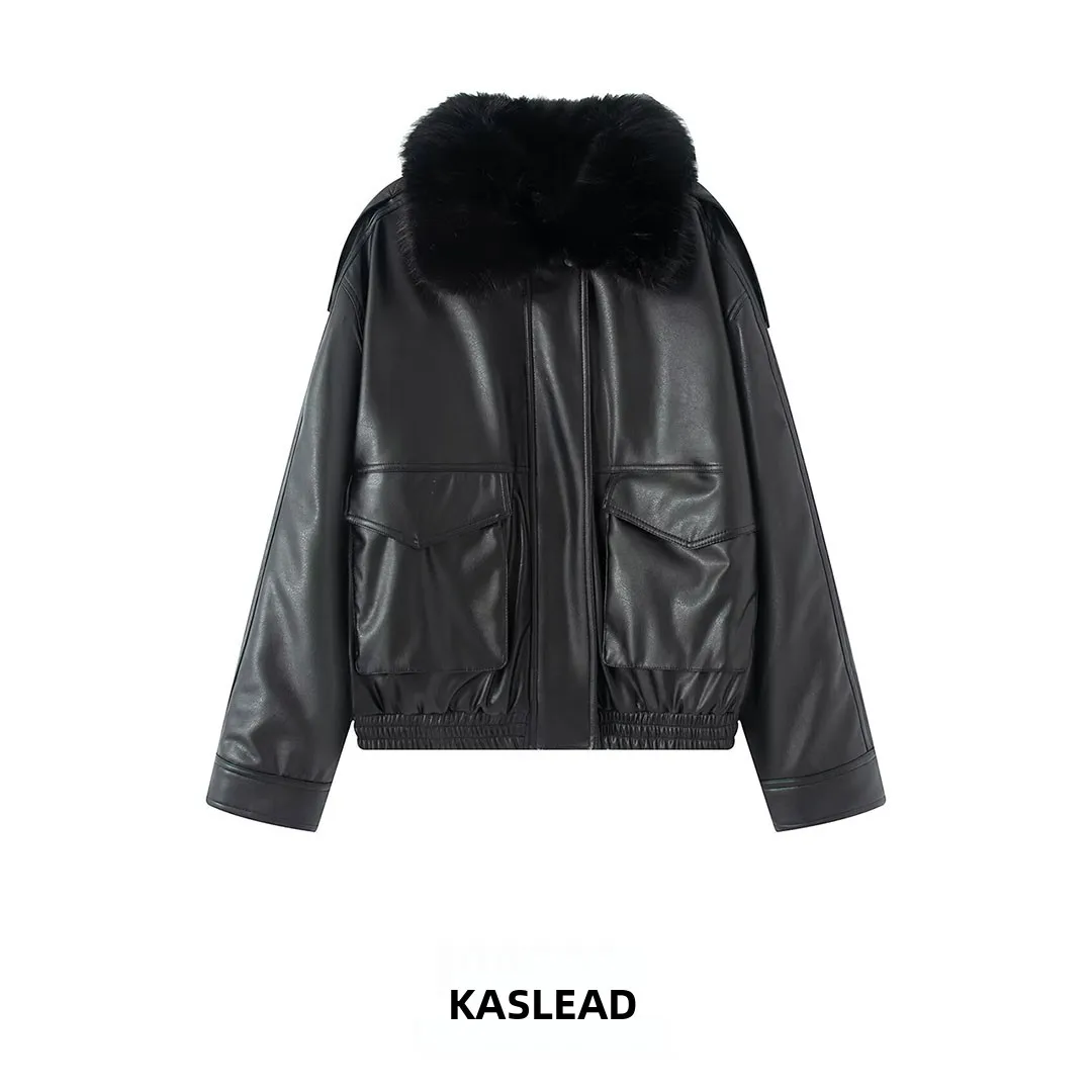 KASLEAD New Women's Faux Fur Collar Jacket Coat Detachable Windproof Long Sleeve Zipper Polyester Fiber Autumn Season Outerwear