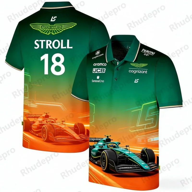 アストンマーティン-チーム-ストロール-18-f1-レーシングテーマ-ポロシャツ-カジュアルスポーツウェア-レーシングファン向け-デイリーウェア