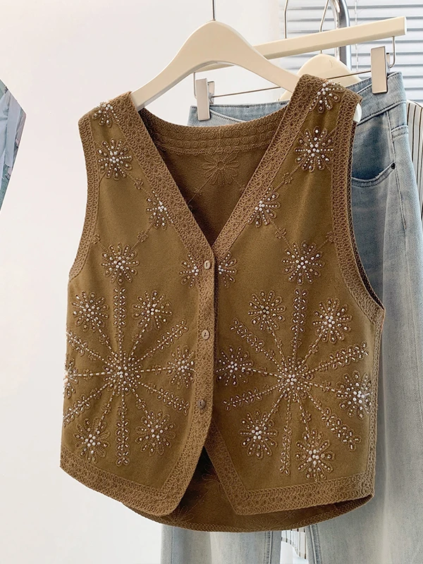 Authentic Heavy Embroidery Pearl Vest Women's Loose Outerwear Top Fashionable Layering Spring Autumn New Style V-Neck Single ...