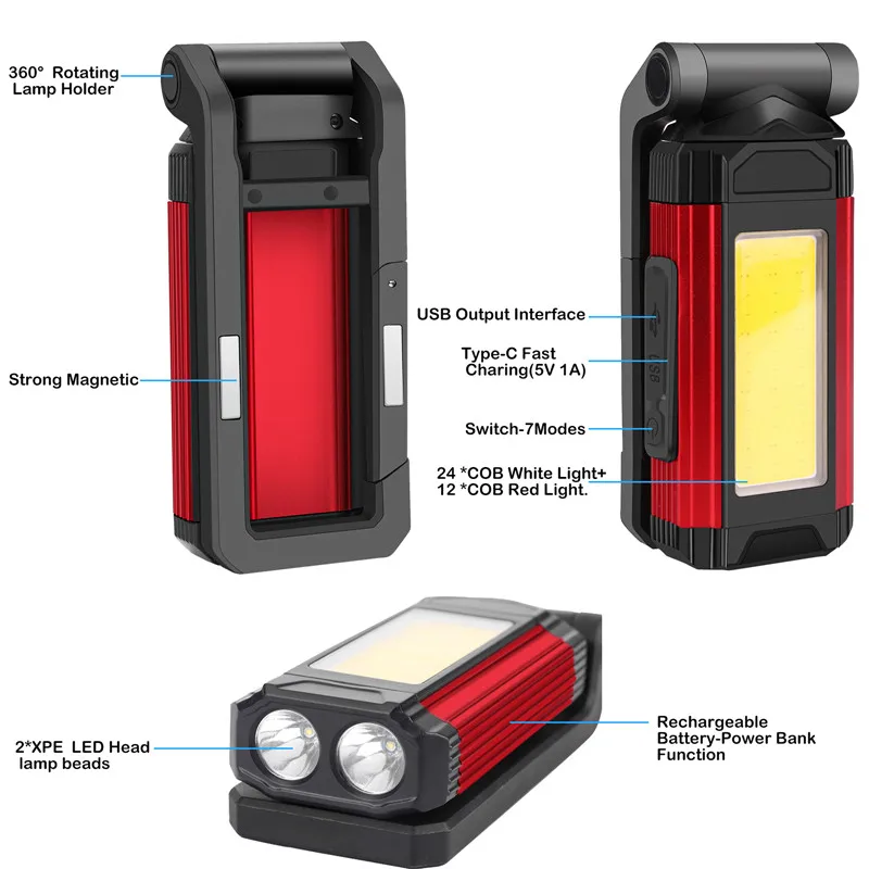 Magnetic COB Work Light USB Rechargeable LED Flashlight Foldable Portable Lantern Camping Light Power Bank Torch for Car Repair