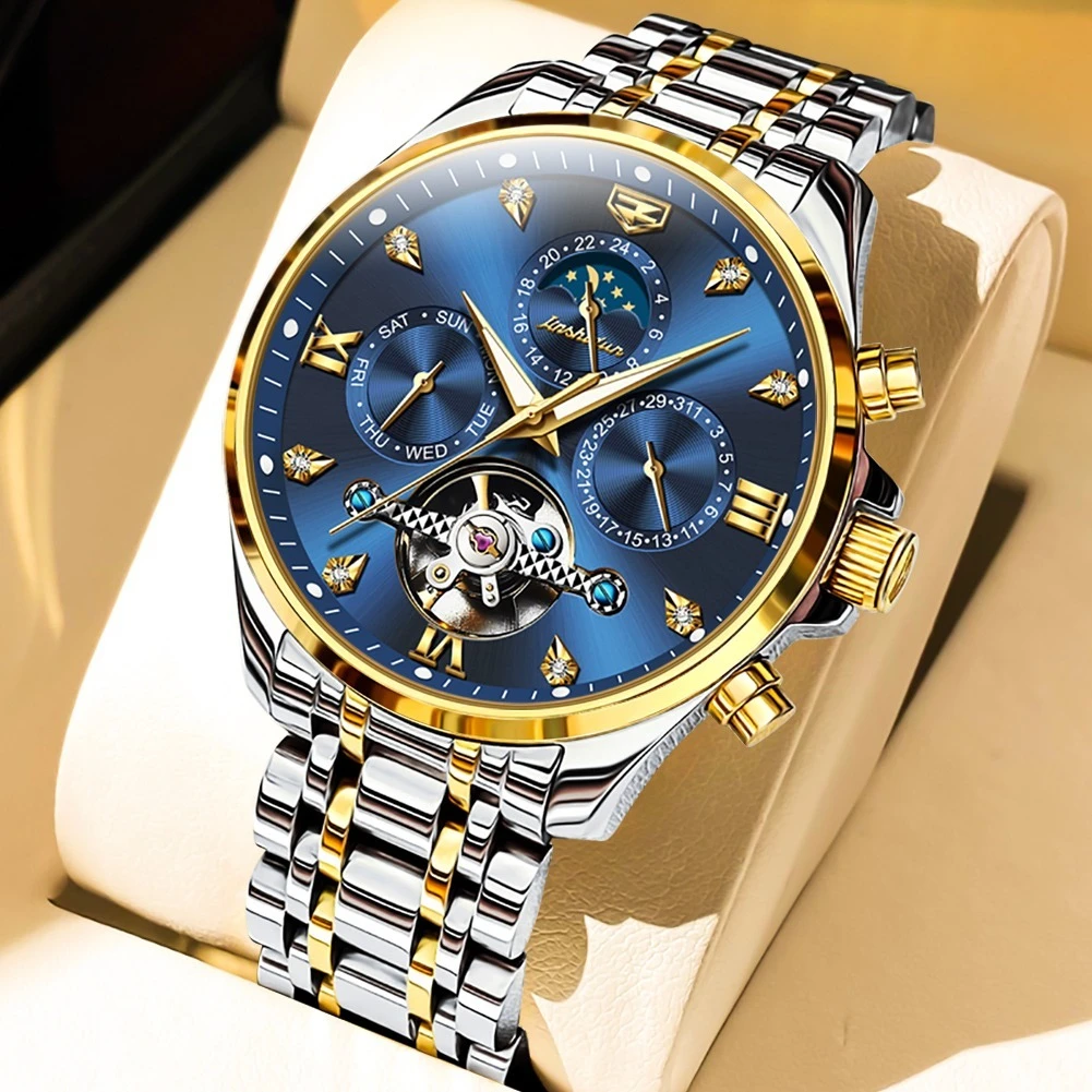 JSDUN 8932 Biznesowy zegarek mechaniczny Prezent Okrągła tarcza Pasek do zegarka ze stali nierdzewnej Zegarek na rękę Kalendarz tygodniowy