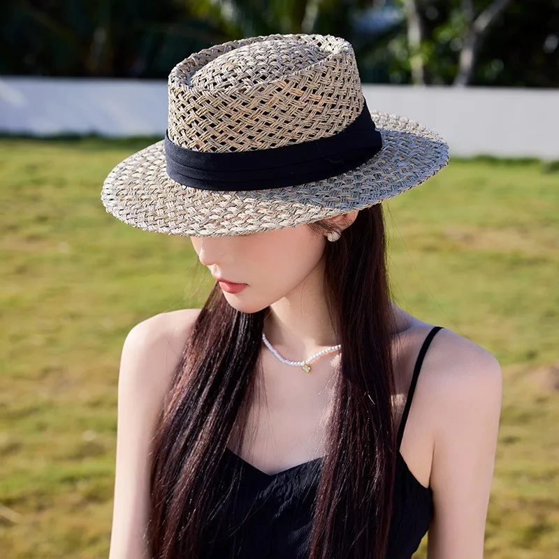 Flat-topped wide-brimmed hollowed-out salted grass woven top hats for men and women sunshade vacation