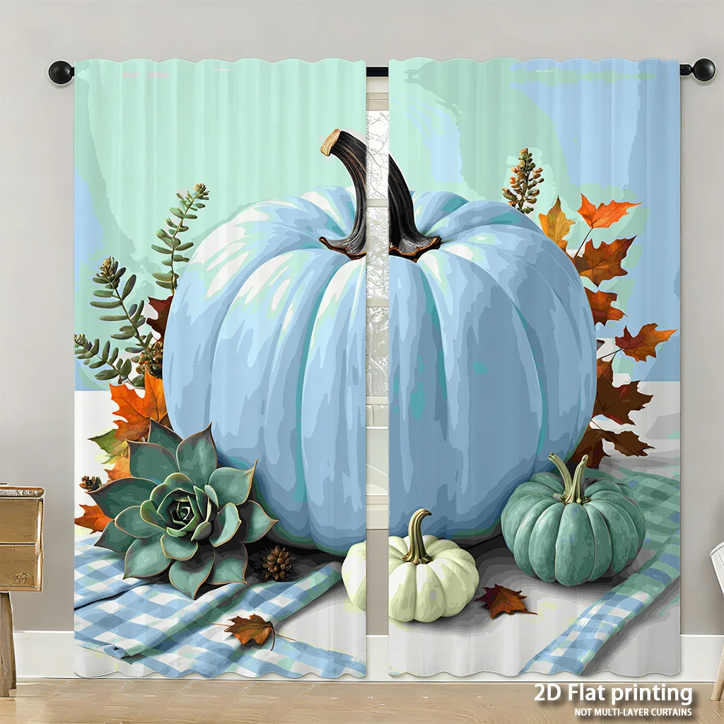 

2-piece set of high-definition digital printed curtainslightbluepumpkin autumnleaves succulent checkeredcloth styleHome decorati
