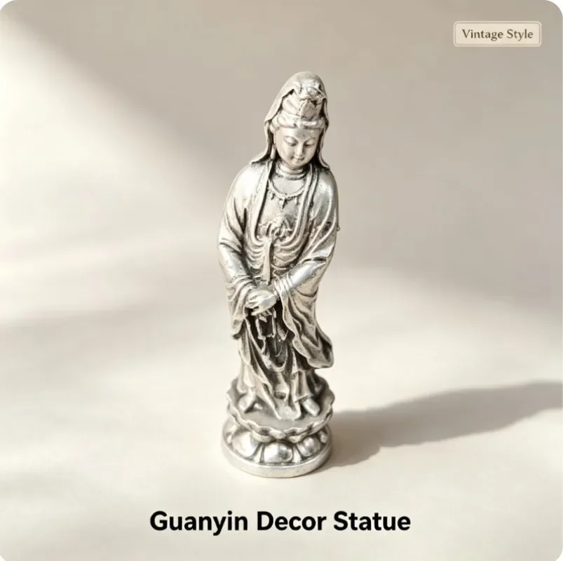 Vintage Guanyin Decorative Figurine Resin Standing Statue Silver Tone Craft Ornament for Home Desktop Shelf Display Decor Gift