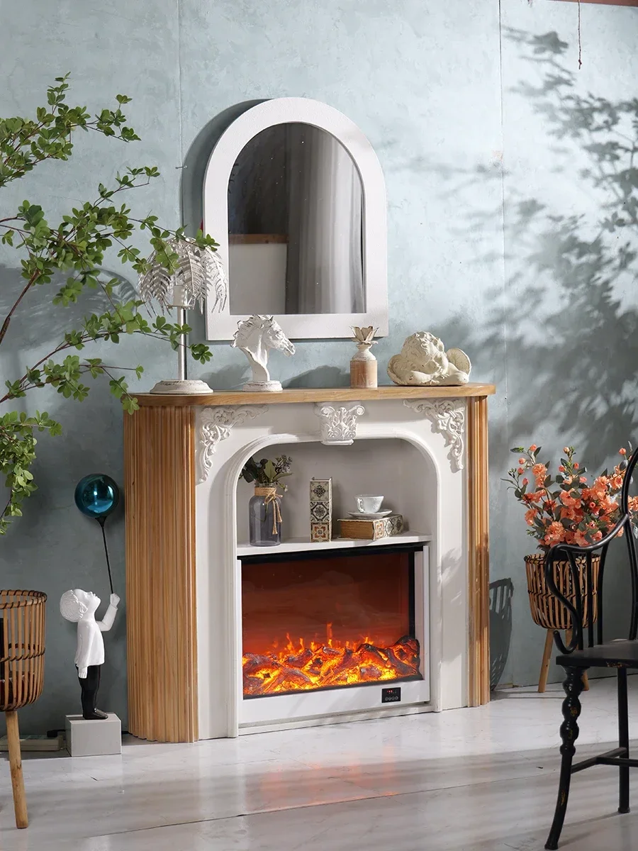 

French retro fake fire solid wood fireplace decorative frame European style living room wall fireplace cabinet heater flame deco