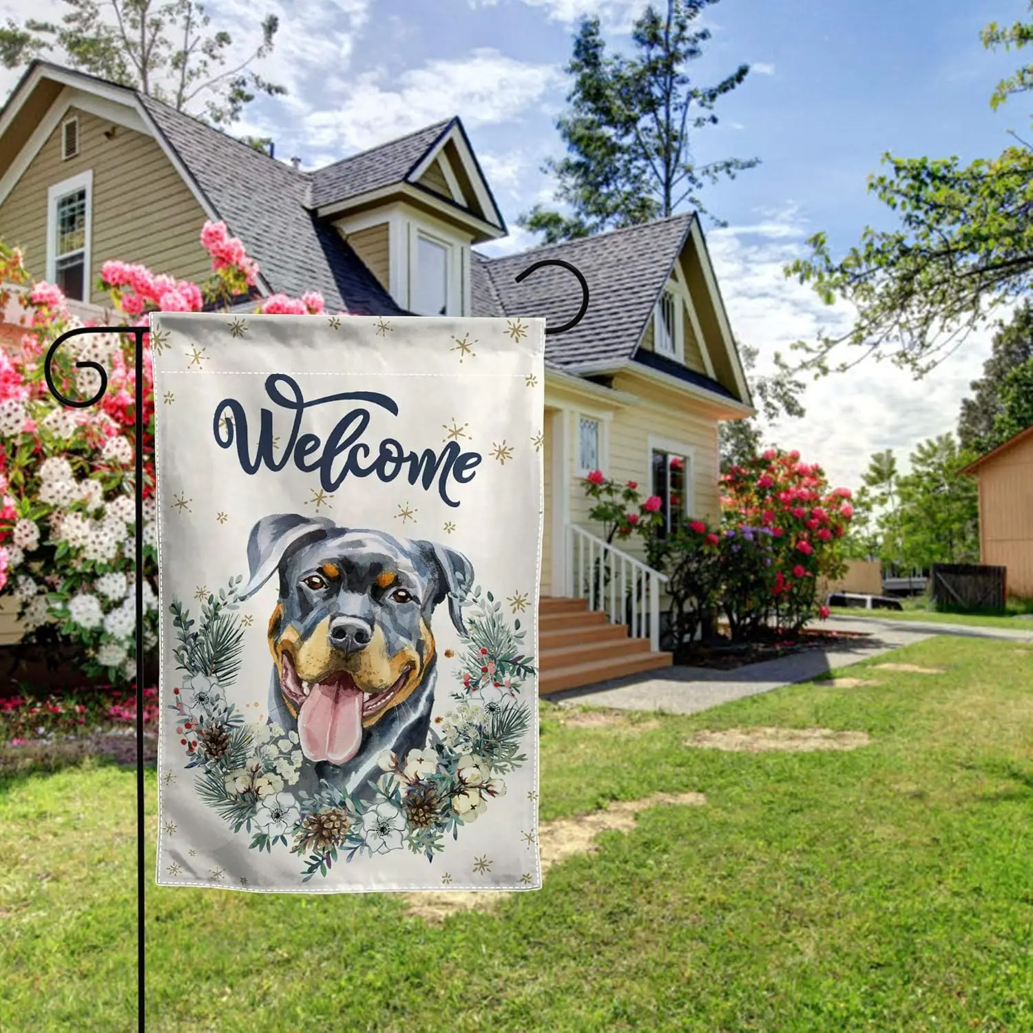 Welcome Rottweiler Garden Flag Farm Winter Flower Double Sided, Fall Floral and Dog Rustic Decorative House Yard Decoration, Sea