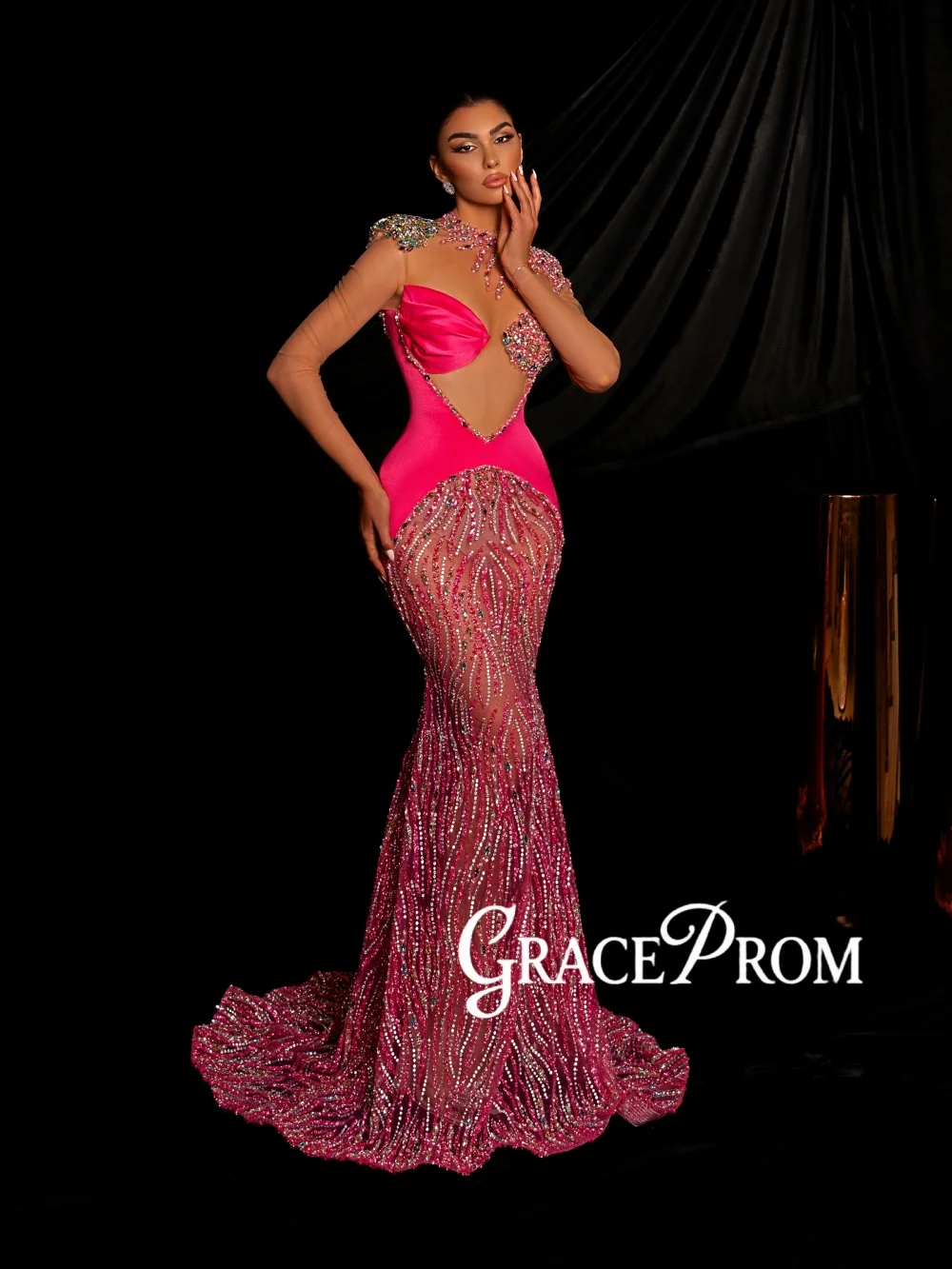 

Rose Red Beaded Crystal Evening Dress Luxury Long Sleeve Mermaid Wedding Party Gown New Customized Glamorous Red Carpet Gown