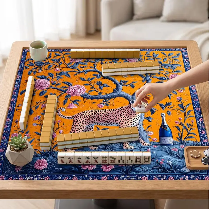 VIKAMA Vintage Leopard Rose Mahjong Table Mat Bright Orange Gold Border Wear Resistant Game Pad Indoor Leisure Apartment Decor
