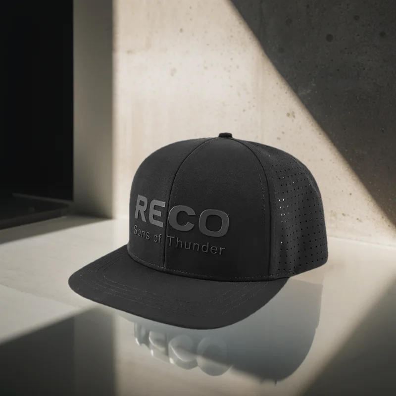 

Wholesale Custom 6 Panel Rubber Patch Logo Flat Brim Gorras Laser Cut Hole Perforated Hat Mens Black Luxury waterproof Caps