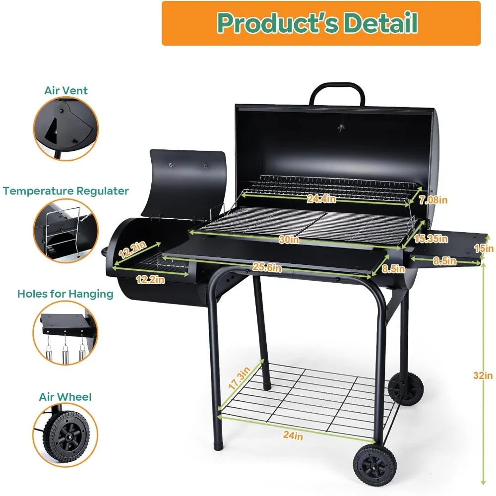 Grill Offset Smoker, Heavy Duty Portable Barbecue Grill with 780 SQ.IN. Cooking Grilling Area, BBQ Barrel Grill